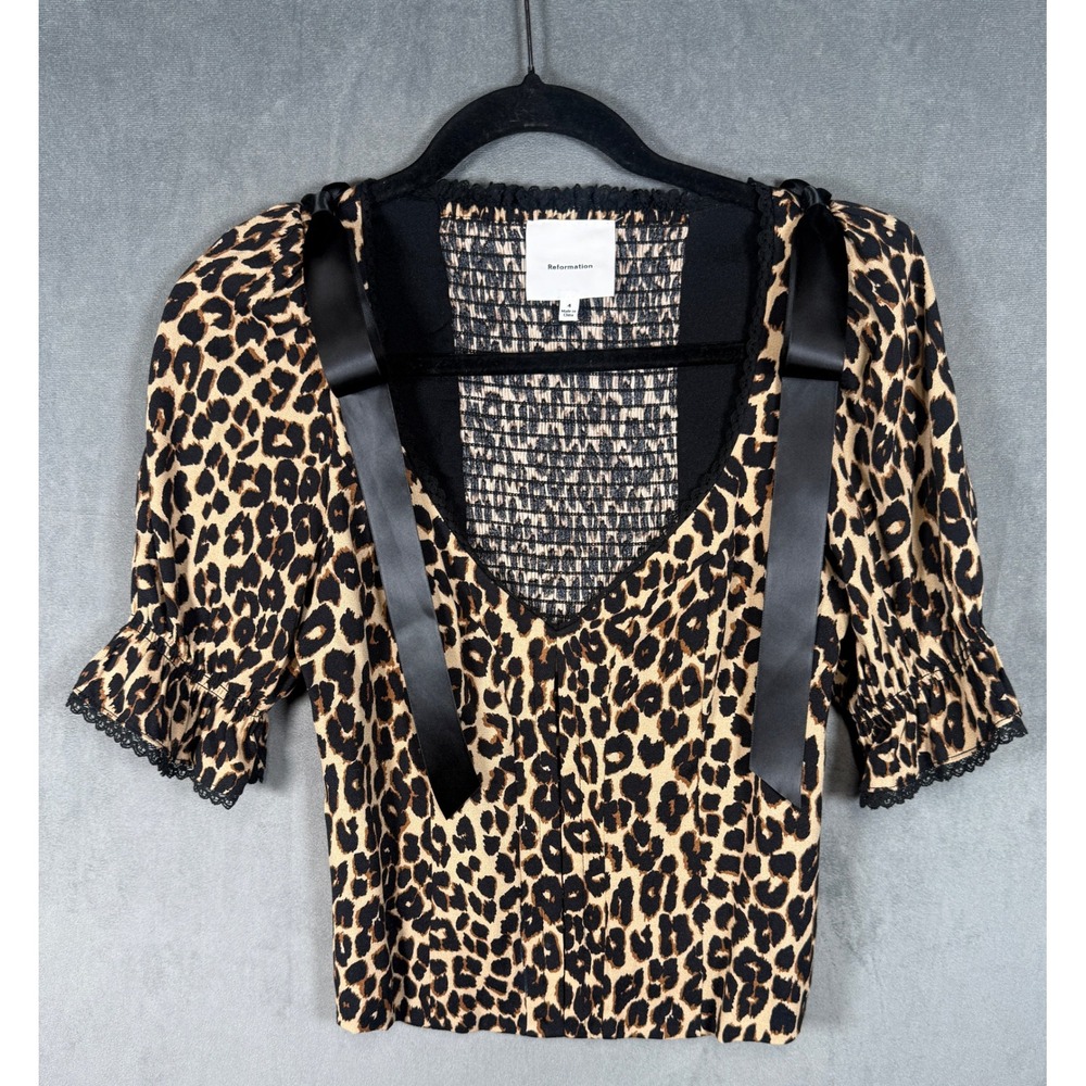 Reformation Leopard Print Blouse Smocked Bow Top Tan Black Size 4
